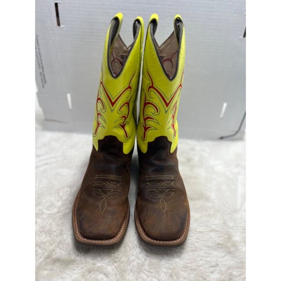 Old West Youth Cowboy Boots Size 7 D Neon Yellow & Brown Leather - Picture 3 of 11
